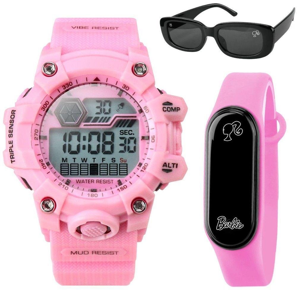 Relogio Digital Prova Dagua Rosa Infantil + Oculos Sol Esportivo Silicone Alarme Cronometro Criança