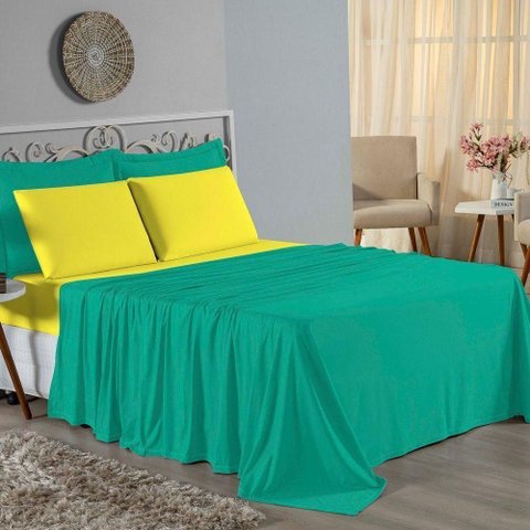 Jogo de Cama Casal Viúva Nobre 4 Peças Malha 100% Algodão - Jade / Amarelo
