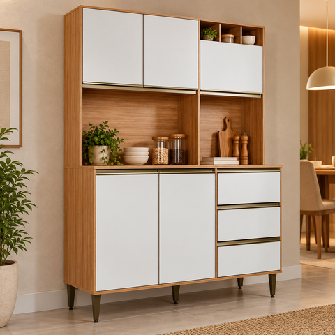 Armário de Cozinha 5 Portas 3 Gavetas Versatti Freijó com Off White Batrol