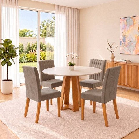 Conjunto Sala de Jantar Mesa Lisa 90cm com Tampo MDF Redonda 4 Cadeiras Lily
