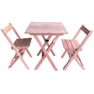 Conjunto Mesa Dobrável 60x60 Cm com 2 Cadeiras em Madeira Maciça - Cru