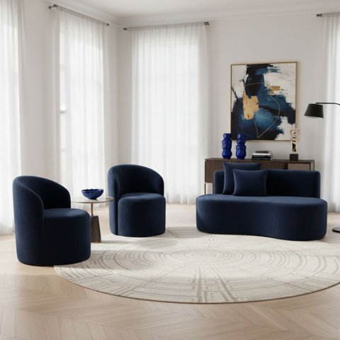 Conjunto Decorativo 02 Poltronas + Sofá Curvo Orgânico Nature Gaia Veludo Azul Marinho - Montanaris 