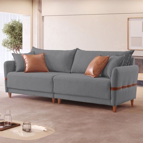 Sofá Living Canela 4 Lugares 245 cm Linho Cinza/Marrom