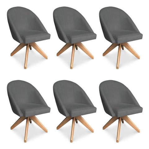 Kit 6 Poltronas Cadeira Giratória Bela Veludo Base Madeira Grafite Pallazio