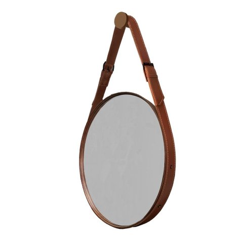 Espelho Decorativo Redondo com Moldura em Couro 55 cm Cor:Marrom