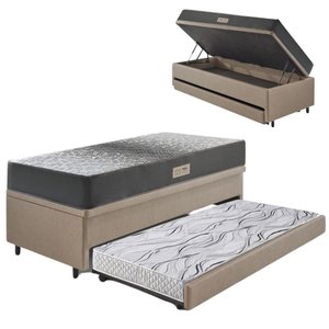 Bicama Box Baú Solteiro 88x188 Courino Linho Bege com Colchão Dual Firm Ecoflex