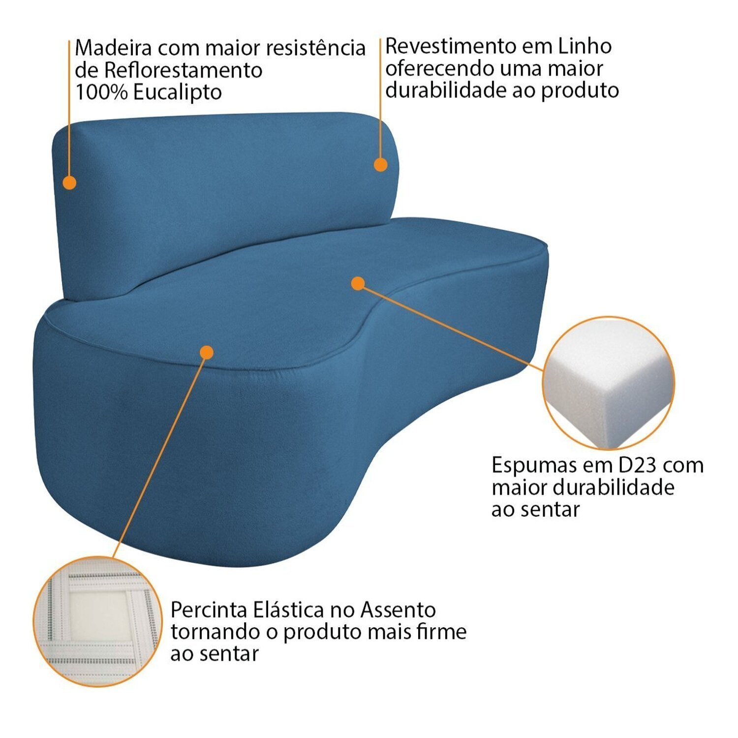 Sofá Curvo Orgânico 140cm 2 Lugares Linho Antonela | MadeiraMadeira