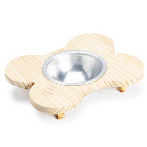 Comedouro Pet Elevado Madeira com Pote Formato Osso Cachorro