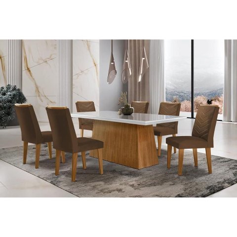 Conjunto: Mesa Sala Jantar Luna C/ Tampo de Vidro Canto Curvo 180x90cm e 6 Cadeiras Londrina Imbuia/