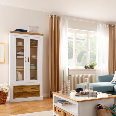Cristaleira Vitrine de Madeira Maciça com 2 Gavetas | Coleção England Branco/Lavado/Cera Marrom
