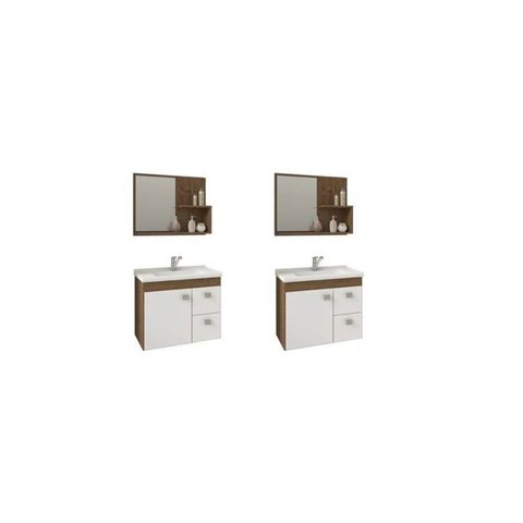 Kit com 2 Gabinetes Suspensos com Cuba e Espelheira Isa Marrom/Amêndoa/Branco