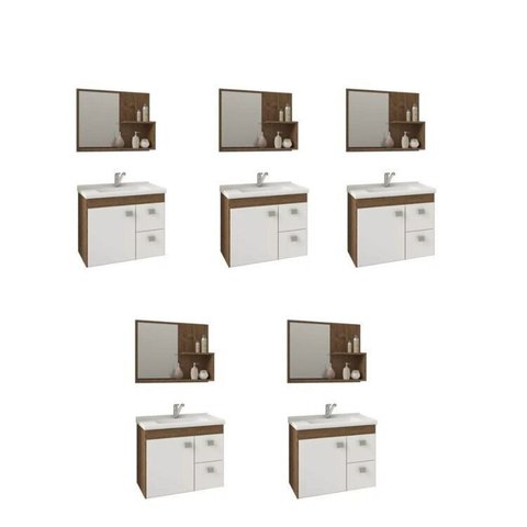 Kit com 5 Gabinetes Suspensos com Cuba e Espelheira Isa Marrom/Amêndoa/Branco