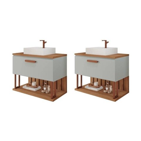 Kit com 2 Gabinetes Suspensos com Cuba 60cm Mari Espresso Móveis Cinza/Pistache