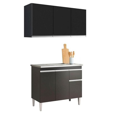 Balcão de Pia Tatiane 100cm e Armário Aéreo Andréia 3 Portas Preto Fosco - Ajl