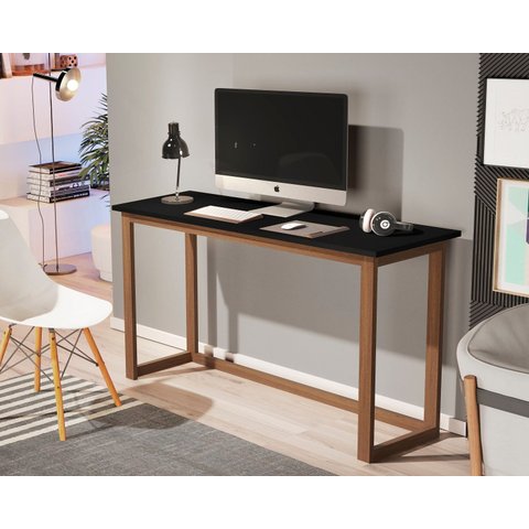 Mesa Estudo Compacta para Quarto Preto 120cm com Pés em Madeira Natural.