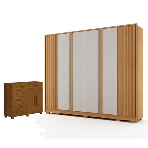 Guarda Roupa Casal Evo 6 Portas Cinamomo e Off-white com Cômoda São Paulo 6 Gavetas 2 Portas Cinamom