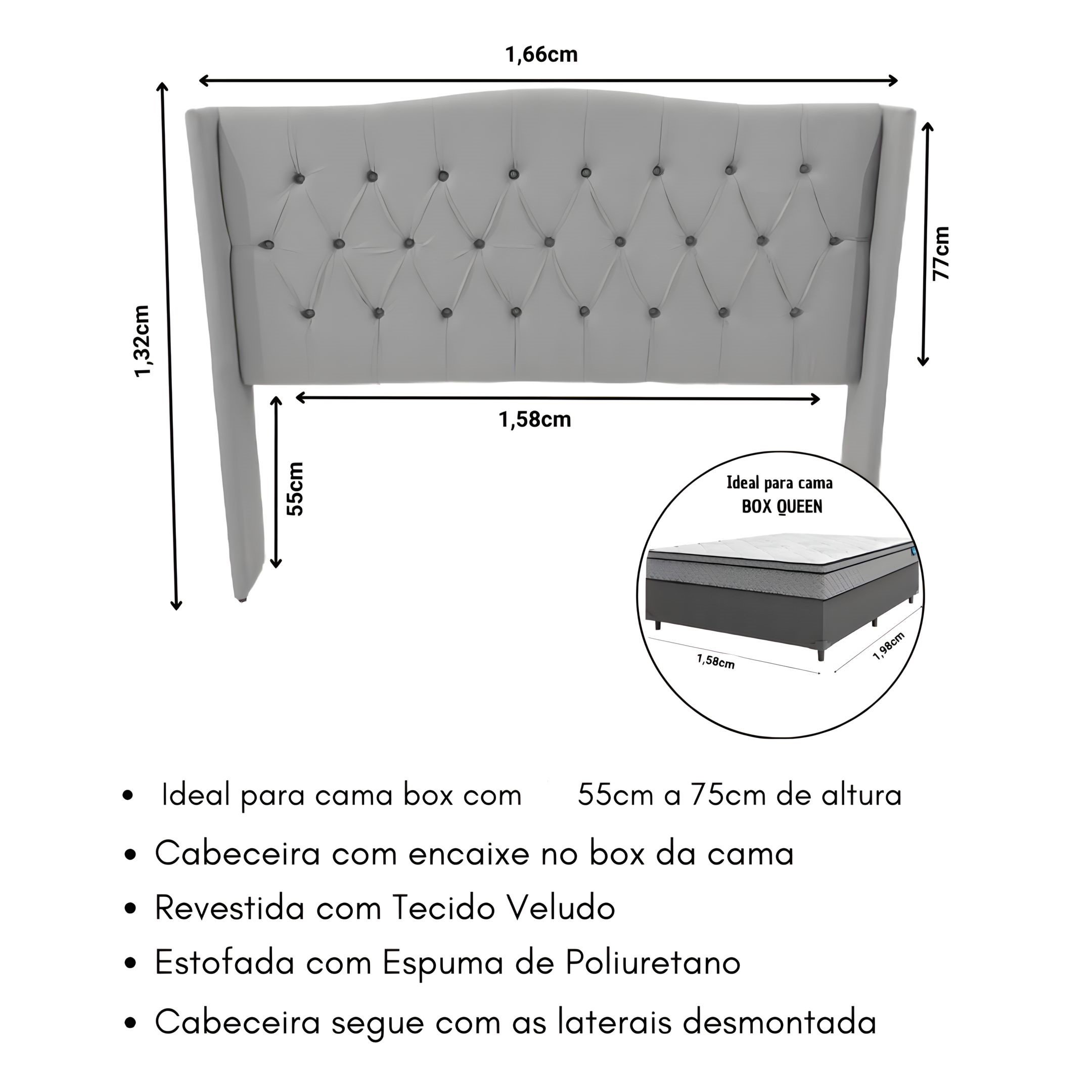 Cabeceira Paris com Abas Queen 1,58m Cor Cinza-claro - 2