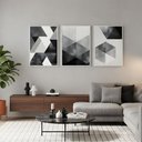 Ver imagem 1 de Kit 3 Quadros Abstrato Moderno Preto Cinza Moldura:branca