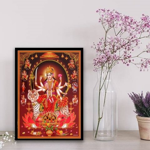 Quadro Deusa Hindu Durga 24x18cm:Madeira branca