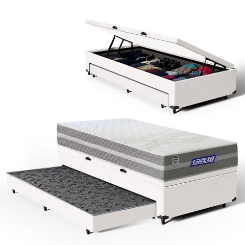Cama Box Baú + Colchão Gazin de Molas Ensacadas One Face Air Up + Auxiliar de Espuma Solteiro