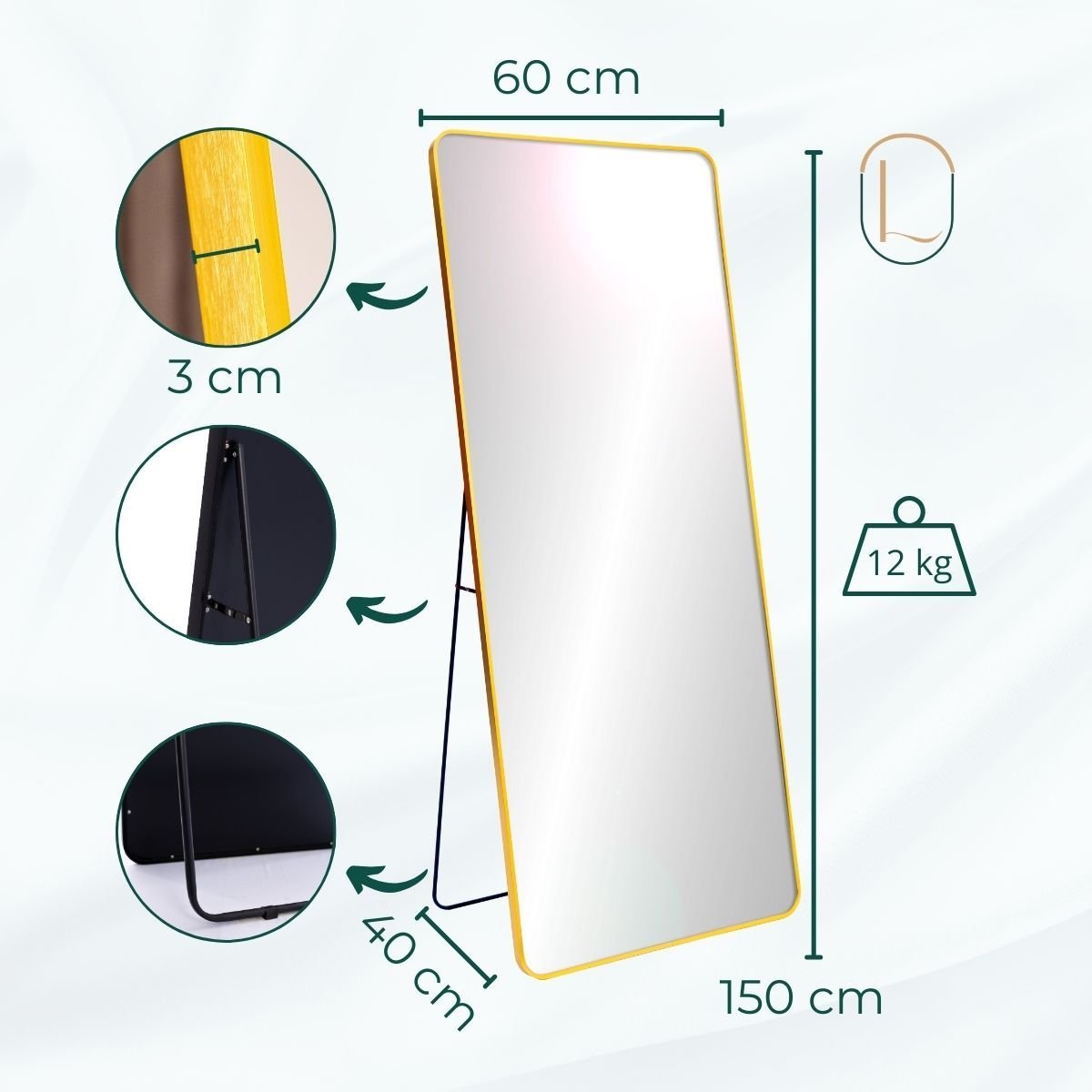 Espelho Grande Retangular Corpo Inteiro 150 X 60 Cm com Suporte de Chão ...