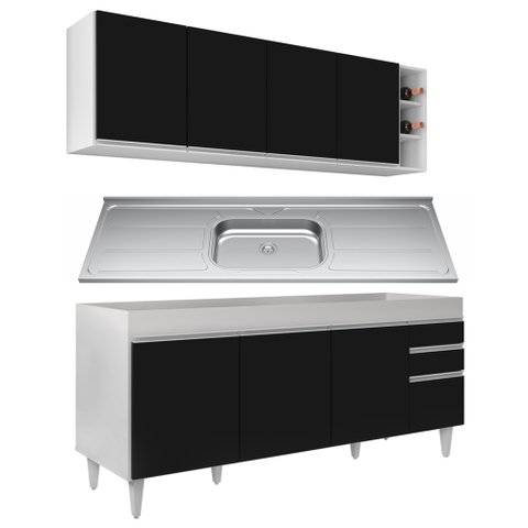 Armário Aéreo Nevada e Balcão Gabinete 180cm Com Pia Dallas Branco/Preto - Lumil Lumil Móveis Nevada