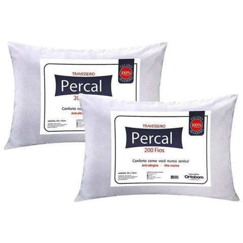 Travesseiro Fibras Siliconadas Plus Percal 200 Fios Kit C/ 2 Un 70x50x15 - Ortobom