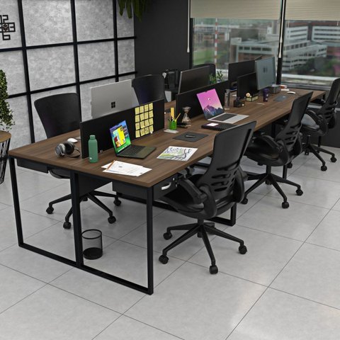 Escrivaninha Mesa Escritório 6 Lugares 360cm Industrial Nogal e Preto Marrom
