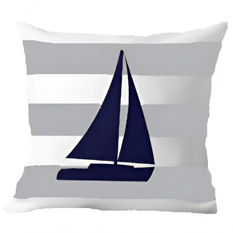 Capa Almofada Azul Barco À Vela Marítima Decorativo 50x50cm