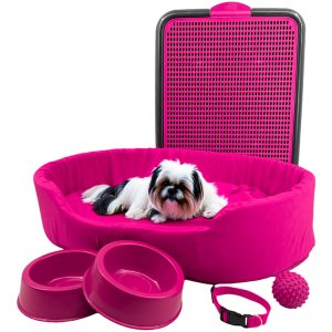 Kit Pet Médio Cama Europa Sanitário Comedouro Coleira Bola - Rosa
