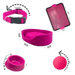 Kit Pet Médio Cama Europa Sanitário Comedouro Coleira Bola - Rosa - 3