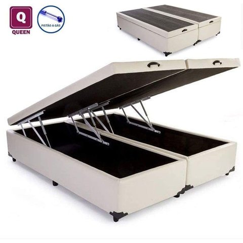 Cama Box Baú King Size Bipartido Sintético Bege com Pistões a Gás