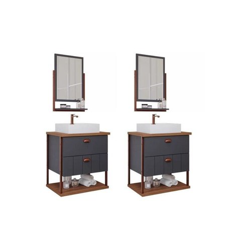 Kit com 2 Gabinetes Suspensos com Cuba e Espelheira 60cm Olivia Espresso Móveis Marrom/Cappuccino