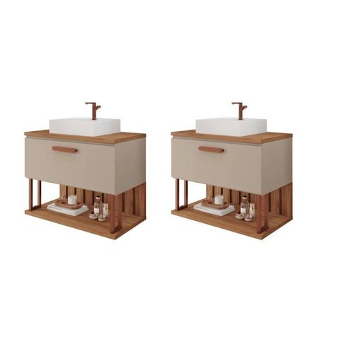 Kit com 2 Gabinetes Suspensos com Cuba 60cm Mari Espresso Móveis Marrom/Cappuccino