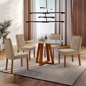 Conjunto Sala de Jantar Mesa Floripa Madeira Maciça 90x90cm Tampo Quadrado Vidro Off White com 4 Cad
