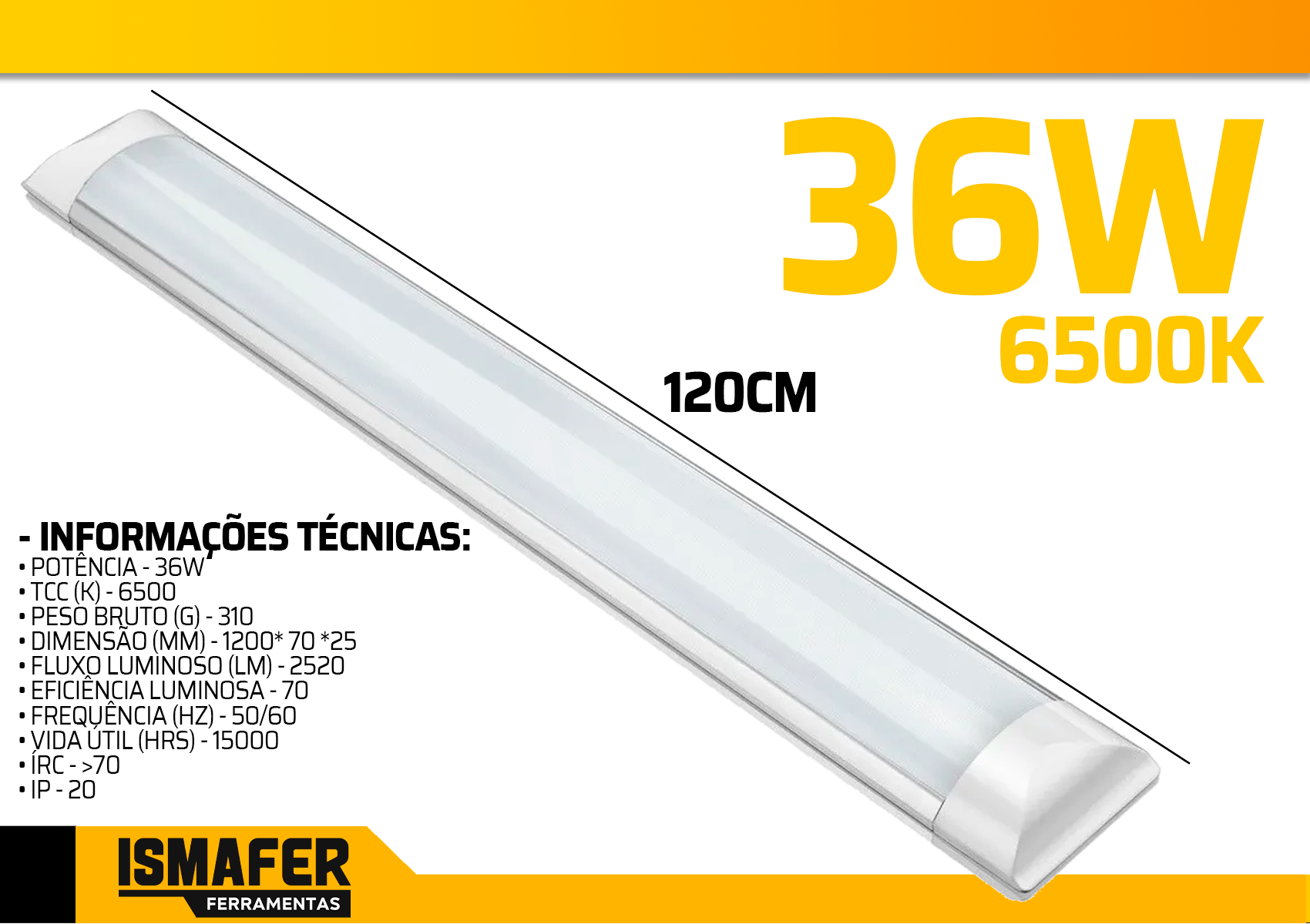 Kit 6 Luminária Tubular Led Slim 1,2mt Branco Frio 120cm 40w - 3