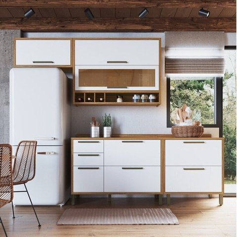Cozinha Compacta Modulada 100% MDF 4 Peças 5 Portas e Vidro Reflecta 200cm Vicenza Espresso Móveis Branco/Amêndoa