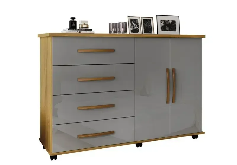 Ver imagem 1 de Cômoda Bali 4 Gavetas 2 Portas com Rodinhas Cinza Mel
