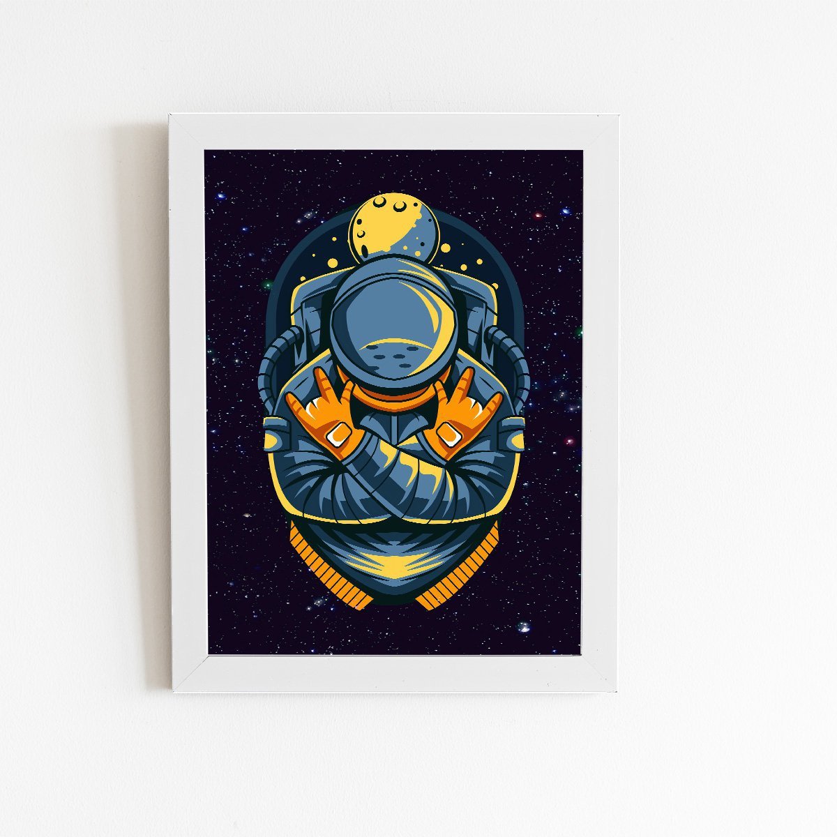 Astronauta Azul Desenho Lua Quadro Moldura Branca 60x40cm - 1