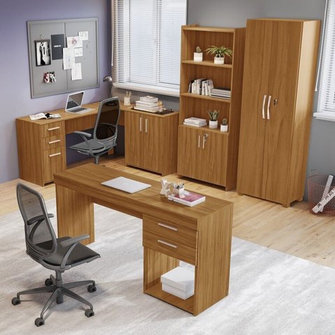 Conjunto 4 Peças 1 Mesa em L 1 Escrivaninha 2 Armários Espresso Móveis Freijó Marrom