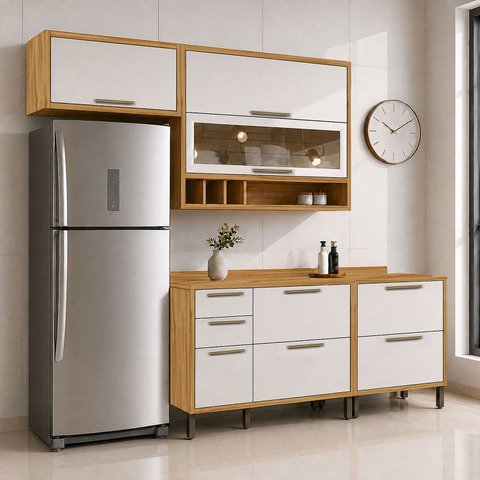 Cozinha Compacta Modulada 100% MDF 4 Peças 5 Portas e Vidro Reflecta 200cm Vicenza Espresso Móveis Bege/Amêndoa/Off White