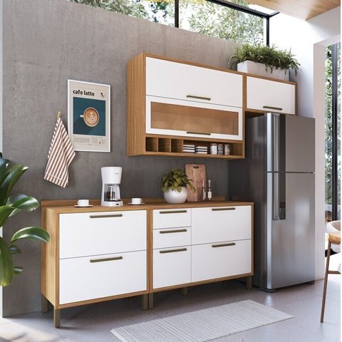 Cozinha Compacta Modulada 100% MDF 4 Peças 5 Portas 4 Gavetas e Vidro 200cm Vicenza Espresso Móveis Branco/Amêndoa