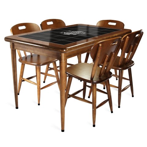 Mesa retangular para varanda gourmet em madeira e 28 azulejos com 5 cadeiras de madeira - Familia e 