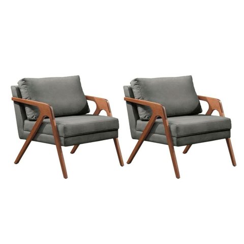 Kit 2 Poltronas Mona Luxo Linho Cinza e Base Madeira Maciça Donalu Decor