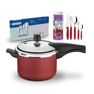 Kit - Panela de Pressão 4,5 Vermelha + 1 Faqueiro Vermelho 30pç + 1 Faqueiro Inox 24pç -