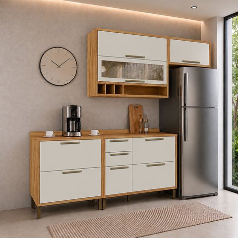 Cozinha Compacta Modulada 100% MDF 4 Peças 5 Portas 4 Gavetas e Vidro 200cm Vicenza Espresso Móveis Bege/Amêndoa/Off White