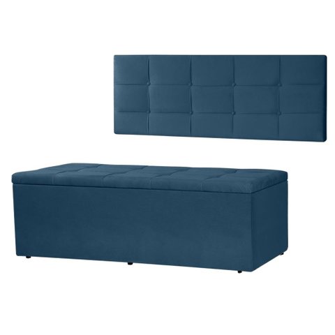 Kit Cabeceira Painel e Calçadeira Baú Casal 1,40m Roma Suede Azul Marinho Dal Poz Estofados