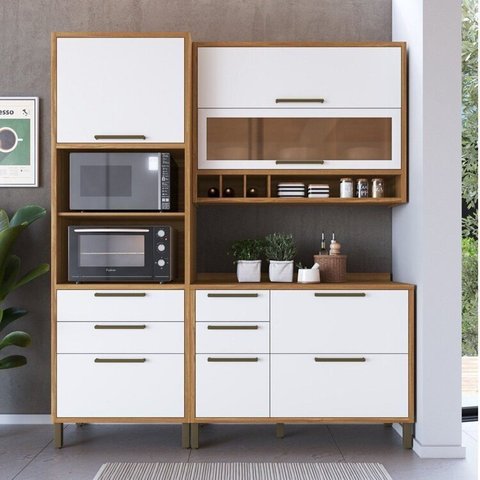 Cozinha Compacta Modulada 100% MDF 3 Peças 6 Portas 5 Gavetas e Vidro 194cm Vicenza Espresso Móveis Branco/Amêndoa