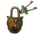 Ver imagem 2 de Cadeado Decorativo de Leão c/ Detalhes Verdes e Chaves em Metal Bronze 8,5x14 cm