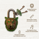 Ver imagem 4 de Cadeado Decorativo de Leão c/ Detalhes Verdes e Chaves em Metal Bronze 8,5x14 cm